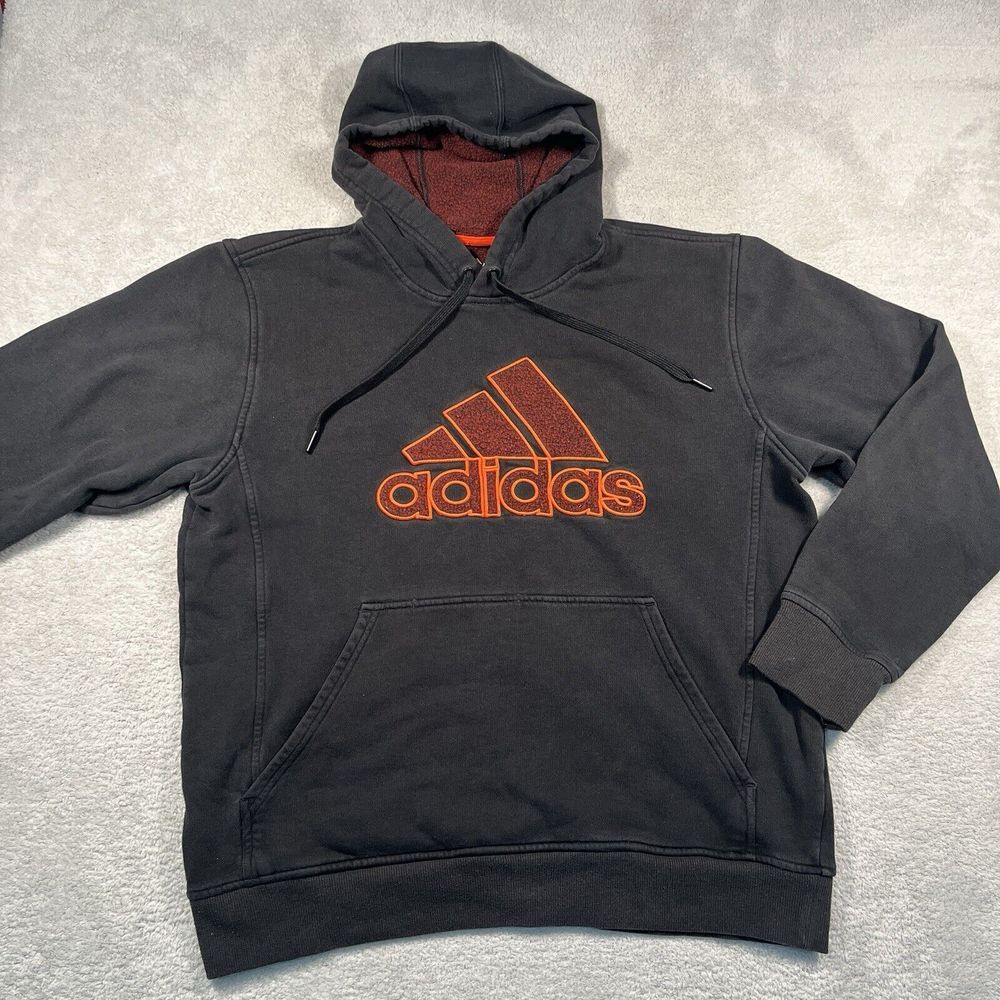 Y2K Adidas Hoodie‎ Men's L Black Red Orange Big Logo Embroidered Vintage Faded